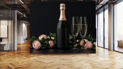 Champagne bottle with sparkling glasses and pink peonies on a dark surface. Wall mural