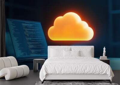 Cloud computing concept on a laptop in a modern workspace, digital data storage. Wall mural