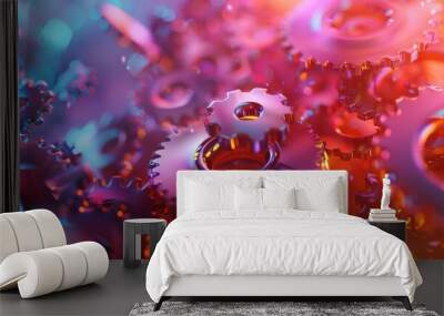 Colorful gears interlocking in a dynamic composition, symbolizing innovation and technology in engineering. Wall mural