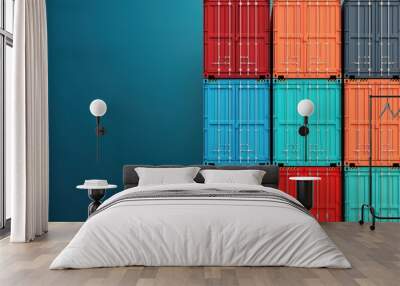 Colorful shipping containers stacked in a modern design on a blue background. Wall mural