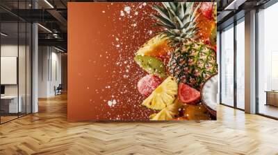 Colorful splash of tropical fruits, exploding in an empty scene with a captivating light effect highlighting pineapples, coconuts, and papayas, bringing the essence of a tropical paradise Wall mural