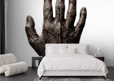 Cracked hand symbolizing hardship and struggle against environmental challenges, white isolated background. Wall mural