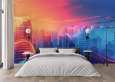 Creative business of an ondemand service applying cause marketing, illustrated in synth wave styles with a futuristic urban background and copy space Wall mural