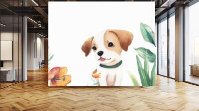 Cute watercolor of a playful puppy in a lush garden, capturing its joy and curiosity in kawaii styles, clipart kawaii watercolor on white background Wall mural