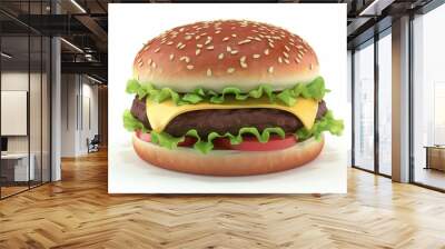 Delicious cheeseburger with fresh lettuce, tomato, and melted cheese in a sesame seed bun, perfect for food photography. Wall mural