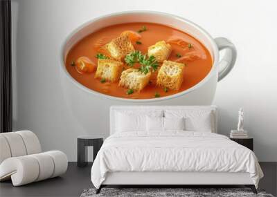 Delicious tomato soup served in a white bowl, garnished with croutons, perfect for comfort food lovers and culinary enthusiasts. Wall mural