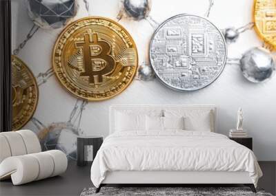 Digital cryptocurrency coins with network connections on a white isolated background. Wall mural