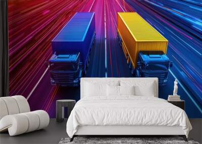 Dynamic view of two trucks speeding down a highway amidst vibrant light trails. Wall mural