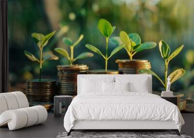 Ecofriendly financial growth represented by green plants sprouting from stacks of coins, symbolizing sustainable finance Wall mural