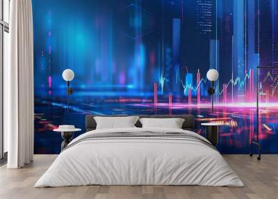 Economic growth concept is visualized with a glowing financial graph in the futuristic business research banner, Sharpen banner template with copy space on center Wall mural