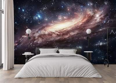 Explore the vastness of space with this stunning image of a spiral galaxy. Billions of stars, dust, and gas come together to form this awe-inspiring celestial object. Wall mural