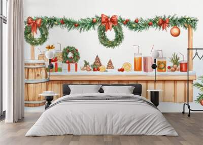 Festive winter market scene with decorations, drinks, treats, and Christmas tree on white background. Wall mural