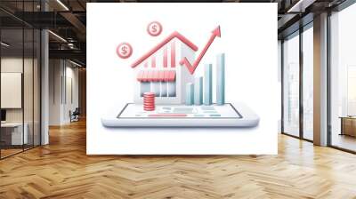 Financial growth concept with upward trends, graphs, and currency icons on a digital device, white isolated background. Wall mural