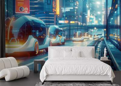 Futuristic autonomous vehicles travel on illuminated city roads, showcasing technology and urban life in a vibrant, modern landscape. Wall mural