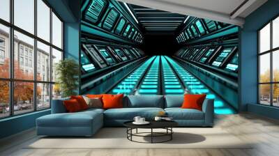 Futuristic corridor with glowing blue lights, creating a sci-fi atmosphere. Wall mural