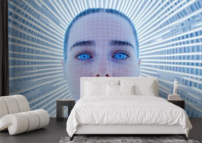 Futuristic digital face with glowing blue eyes against a radiant backdrop, symbolizing advanced AI technology. Wall mural