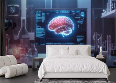 Futuristic laboratory scene with glowing brain visualization on monitor, showcasing advanced neuroscience research. Wall mural