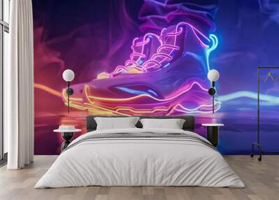 Futuristic neon of shoes crafts a trailblazing path with each step, glowing in futuristic styles, kawaii template sharpen with copy space Wall mural