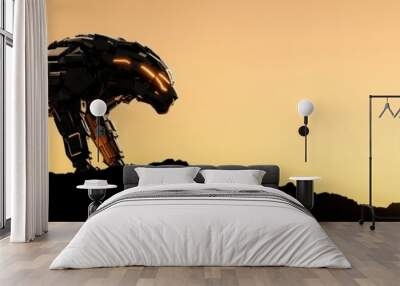 Futuristic robotic lion silhouette against a sunset background. Wall mural