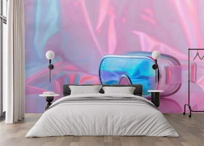 Futuristic ski goggles feature a sleek design with vibrant blue lenses, set against a colorful, iridescent background. Wall mural