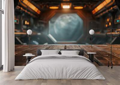 Futuristic spaceship interior with wooden floor and glowing lights overlooking a distant planet, ideal for science fiction themes. Wall mural