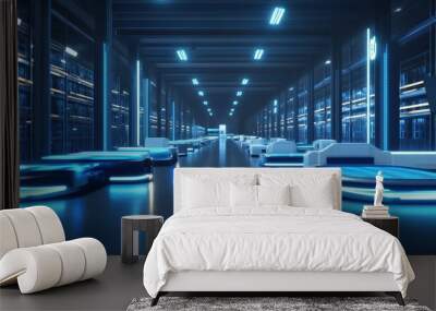 Futuristic warehouse with glowing robotics and automated systems for efficient storage and retrieval of goods in a modern facility. Wall mural