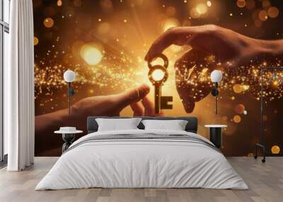 Hands pass a glowing key over a golden blurred background Wall mural