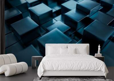 Hightech blue cubes casting shadows on a mysterious dark surface Wall mural