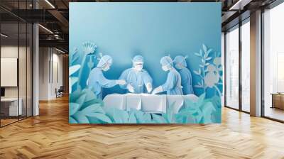 Illustration of a surgical team in a creative setting, showcasing teamwork and precision in a modern, artistic representation. Wall mural