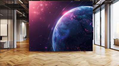 Illustration of Metaverse digital world planet cyber Earth enhances the futuristic business research banner, Sharpen banner template with copy space on center Wall mural