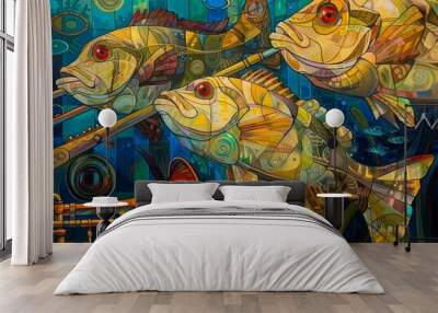 Imagining an underwater concert with fish playing jazz instruments, portrayed in a vibrant art deco style Wall mural