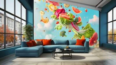 International flavors captured in a flying healthy food explosion, set against a pastel background for a playful and inviting atmosphere Wall mural