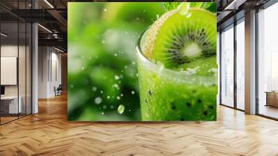 Kiwi juice, sunlight filtering through, creating an explosion of vibrant green and tangysweet flavors, kiwi drink, banner, with copy space Wall mural