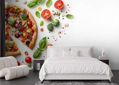 Manipulation food concept of a whimsical vegetable pizza, designed in a food on white background style, banner sharpen with copy space for advertise Wall mural