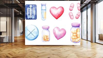 Medical illustrations featuring hearts, pills, x-ray, and medicine bottles on a white background. Wall mural