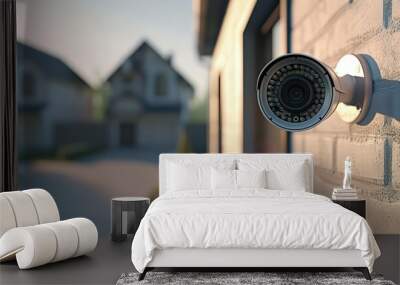 Modern security camera mounted on a residential wall, ensuring safety and surveillance for home and property. Wall mural