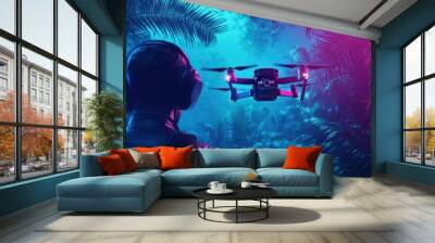 Person operating drone in a vibrant jungle environment with colorful lighting. Wall mural