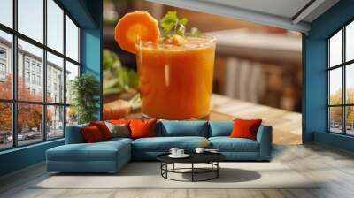 Refreshing carrot juice garnished with herbs, perfect for a healthy lifestyle and vibrant kitchen ambiance. Wall mural