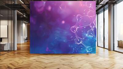 Scientific or medical banner featuring a molecular structure with connected spheres on a purple and blue background, highlighting science, chemistry, and laboratory research Wall mural