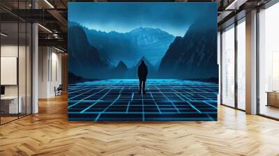 Step into a world of digital serenity with a cyber landscape banner, where pixels come alive to create a stunning visual escape, leaving copy space to convey your message Wall mural