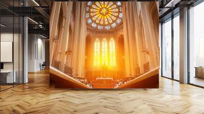 Stunning interior of a cathedral with stained glass windows and warm sunlight streaming in. Wall mural