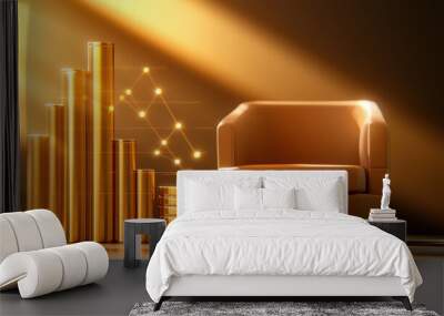 Stylish golden chair next to shiny coins and growth graph, symbolizing wealth and luxury in an elegant setting. Wall mural