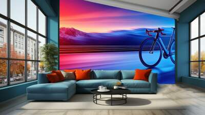 Stylish road bike against a vibrant blue and red landscape, symbolizing speed and adventure. Wall mural