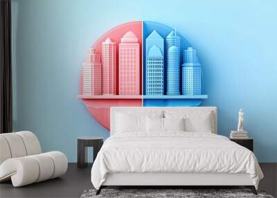 Stylized city skyline split in red and blue, modern design on a soft blue background. Wall mural