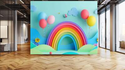 The joy of International Childrens Day is encapsulated in a vibrant paper art scene featuring a rainbow and playful balloons Wall mural