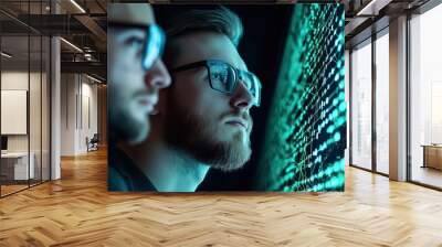 Two individuals observing a digital display with glowing data patterns. Wall mural