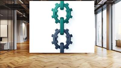 Two interlocking gears in teal and dark gray on a white isolated background. Wall mural