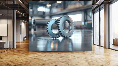 Two metallic gears positioned on a polished factory floor, showcasing industrial design and engineering precision. Wall mural