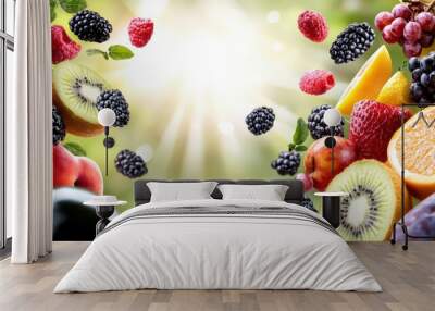 Vibrant arrangement of fresh fruits with sunlight creating a cheerful atmosphere, perfect for healthy lifestyle themes. Wall mural