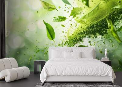 Vibrant green leaves swirling with dust particles, depicting nature's energy and freshness in an artistic, dynamic composition. Wall mural